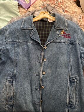 Women's Blue Denim Button-Front Jean Jacket with Floral Embroidery